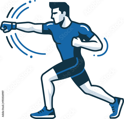 Flat vector illustration of a male boxer in a blue and navy kit throwing a powerful lead punch. Perfect for combat sports branding, gym logos, and athletic fitness marketing graphics.