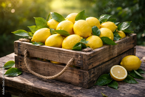 Wallpaper Mural Fresh Lemons in Wooden Box with Green Leaves Torontodigital.ca