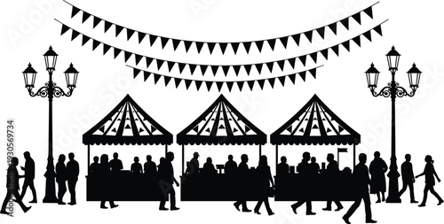 Outdoor market silhouettes with festival tents, street lamps and crowd of people walking under bunting flags, black and white community fair illustration