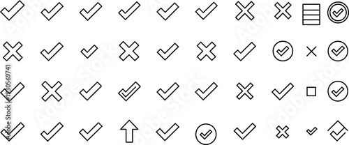 A collection of various check mark cross and verification symbols in different styles and orientations on a plain white background