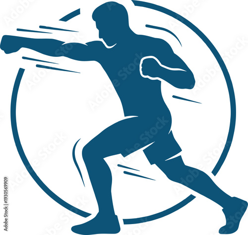 Flat vector illustration of a male boxer in a navy silhouette throwing a fast punch with dynamic speed lines. Perfect for combat sports branding, gym logos, and fitness marketing.