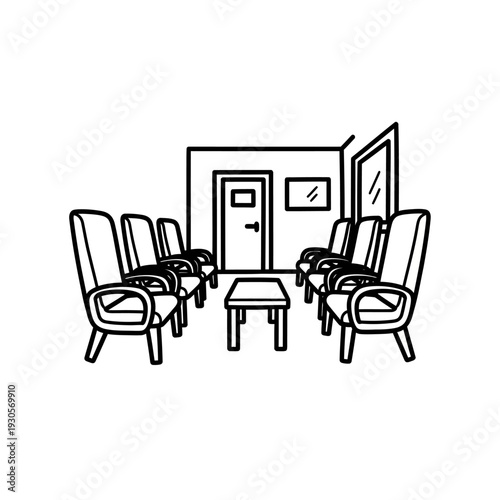 Minimalist Conference Room with Eight Chairs and Central Table