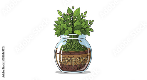 A vibrant illustration depicts a leafy plant growing in a glass jar with visible roots a black silhouette high quality professional