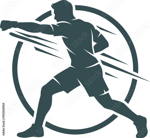 Flat vector silhouette of a male boxer throwing a powerful straight punch with dynamic motion lines and a circular frame. Ideal for combat sports branding and fitness logos.