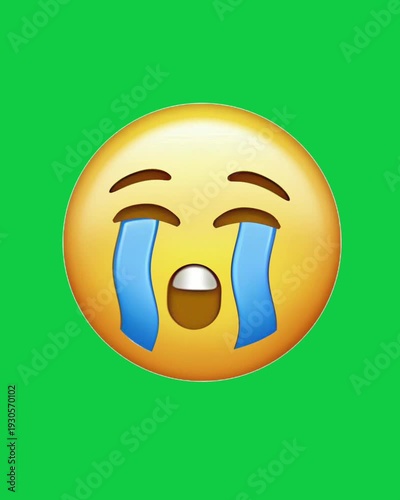 Animated crying emoji with green screen background. Sad emoticon motion graphic for chroma key editing, overlays, reaction videos, and creative projects.