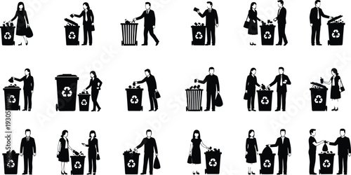 Recycling silhouettes of business people throwing waste into recycle bins, black and white environmental conservation illustration promoting sustainability and corporate social responsibility concept