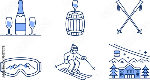 Winter ski resort icons illustration, champagne celebration, wine barrel, crossed ski poles, ski goggles, downhill skier, gondola lift, mountain vacation artwork