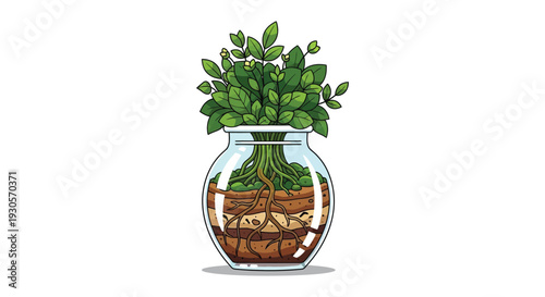 A vibrant illustration depicts a plant growing within a glass jar showcasing roots and soil silhouette high quality professional detailed