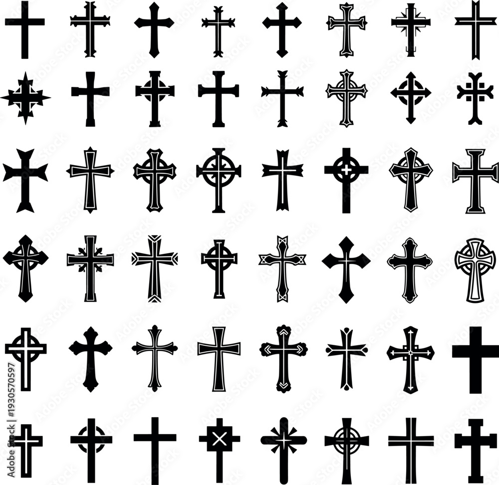 Fototapeta premium Christian Cross Icon Set Vintage Crucifix Religious Symbol Silhouette Collection