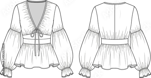 Women's v-neck peplum blouse fashion technical flat sketch template featuring long balloon sleeves with cuffs and tie front detail for apparel design.