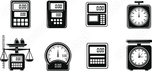 Weighing scale silhouettes collection including digital scales, kitchen scales and balance scales, black and white measurement equipment illustration isolated on white background