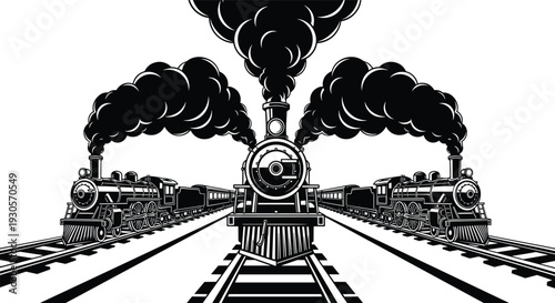 Vintage steam locomotives on railway tracks with dramatic smoke clouds, black and white industrial illustration showcasing classic trains, transportation history and retro engineering power