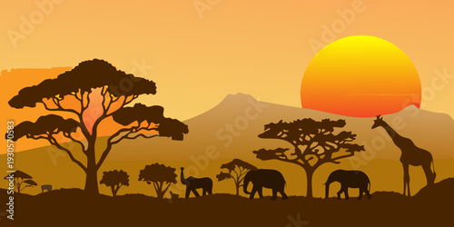 African savanna silhouette with giraffe elephants and a vibrant sunset
