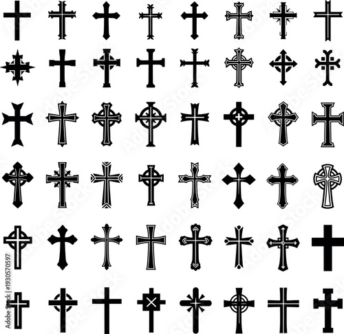 Christian Cross Icon Set Vintage Crucifix Religious Symbol Silhouette Collection