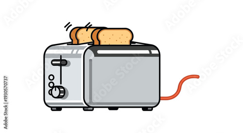 A simple illustration depicts a silver toaster with two slices of toast popping up a distinct silhouette high quality professional detailed