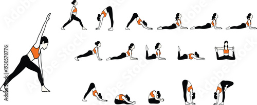 Woman practicing yoga flow sequence with stretching and flexibility poses for fitness, workout routine, healthy lifestyle, and wellness vector illustration.