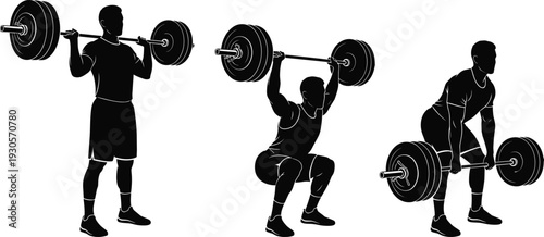 Weightlifting silhouettes showing barbell squat, overhead press and deadlift exercises, black and white strength training illustration isolated on white background for fitness