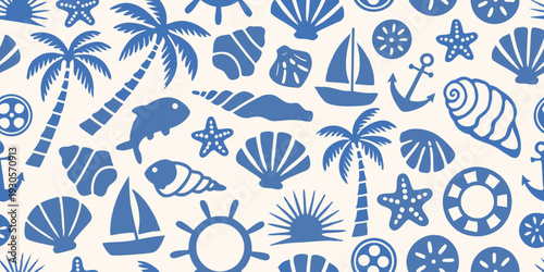 Blue and white summer pattern featuring nautical and tropical elements
