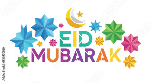A vibrant eid mubarak greeting featuring colorful starbursts and a crescent moon with a distinctive silhouette high quality professional detailed modern