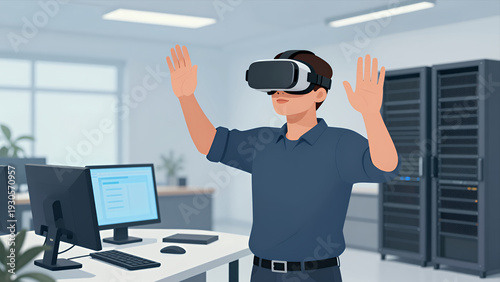 Wallpaper Mural Man Wearing VR Headset Interacting with Virtual Environment in Modern Office Setting Near Computer and Server Racks Torontodigital.ca