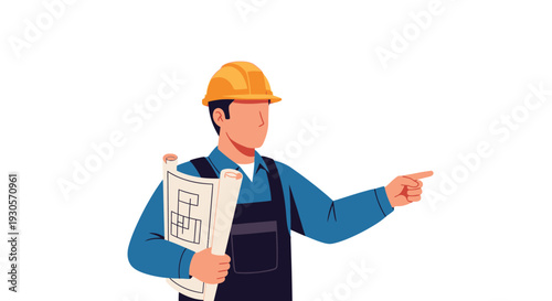A construction worker with a blueprint points forward showcasing a modern flat design silhouette high quality professional detailed modern elegant stylish