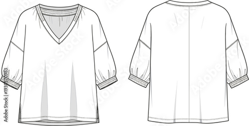 Technical fashion flat sketch vector set of raglan sweatshirt hooded anorak jacket sleeveless pleated dress trousers and midi skirts for apparel manufacturing templates