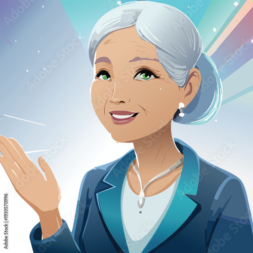 Elderly woman reaching out against abstract background