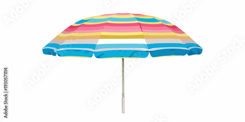 A colorful beach umbrella with vibrant stripes isolated on white