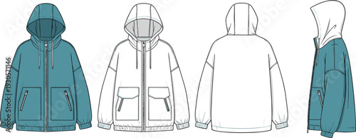 Technical fashion flat sketch vector set including oversized zip hoodie puff sleeve blouse raglan sweatshirt anorak jacket dress trousers and midi skirts collection