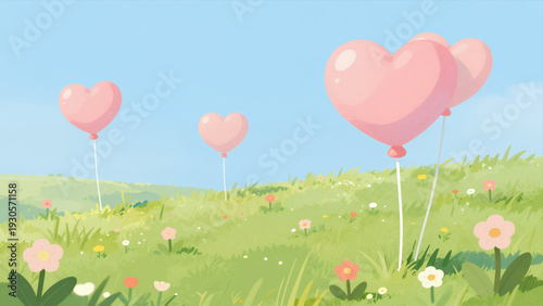 Wallpaper Mural Pink Heart-Shaped Balloons Floating in a Vibrant Meadow with Wildflowers under Clear Blue Sky, Whimsical Illustration for Romantic or Celebratory Themes Torontodigital.ca