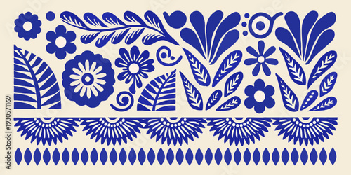 Blue and white floral and leaf pattern decorative border design
