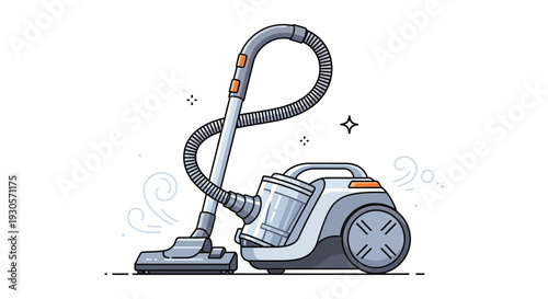 A colorful cartoon illustration depicts a modern vacuum cleaner with swirling dust particles a silhouette high quality professional detailed elegant stylish