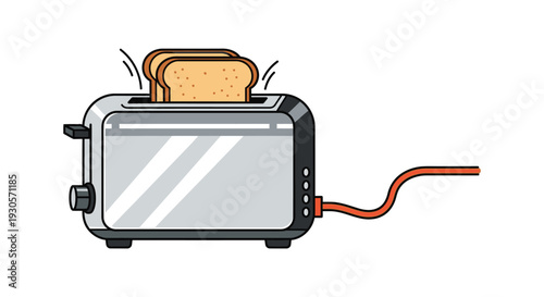 A shiny gray toaster pops up golden brown toast showcasing a simple illustrative silhouette high quality professional detailed modern elegant stylish clean