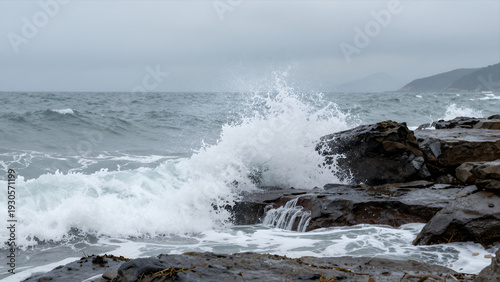 Wallpaper Mural Powerful Ocean Waves Crashing Against Rugged Coastal Rocks with White Foam Spray under Overcast Sky Torontodigital.ca