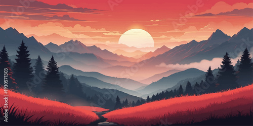 Majestic sunrise and sunset over a misty mountain peak featuring a colorful sky with clouds and snow across a winter landscape at dawn and dusk