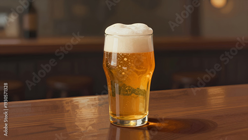 Wallpaper Mural Refreshing Glass of Golden Beer with Foamy Head Resting on Wooden Bar Counter in Cozy Pub or Brewery Setting Torontodigital.ca