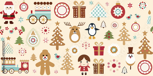 Festive christmas pattern with santa reindeer and various holiday icons