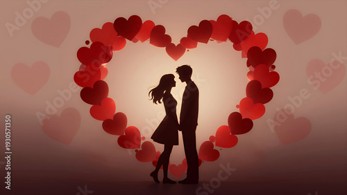 Wallpaper Mural Romantic Couple Silhouette Standing within Heart-Shaped Frame Formed by Red Hearts Against Soft Warm Background Ideal for Valentine'S Day Love and Relationships Concepts Torontodigital.ca