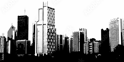 A stark black and white silhouette of a modern cityscape skyline
