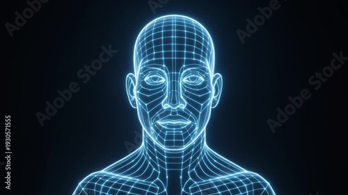 Digital Blueprint Wireframe of Human Head and Shoulders on Dark Background