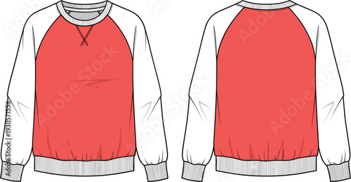 Technical fashion flat sketch vector set of raglan sweatshirt hooded anorak jacket sleeveless pleated dress trousers and midi skirts for apparel manufacturing templates