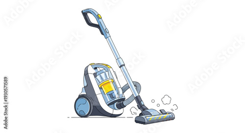 A colorful illustration depicts a modern vacuum cleaner with dust particles showcasing a flat design silhouette high quality professional detailed elegant