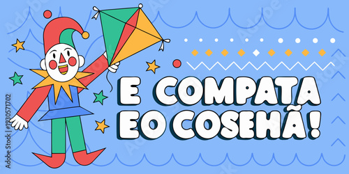 Colorful illustration featuring a clown with a kite and festive decorations