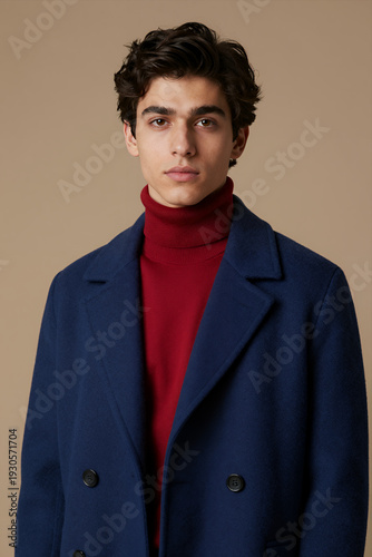 Wallpaper Mural Stylish Young Man Wearing Navy Blue Coat and Red Turtleneck Sweater Posing for Portrait Against Beige Studio Background Torontodigital.ca