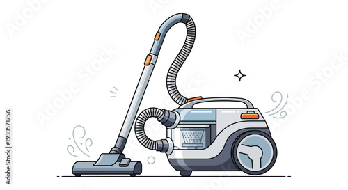 A colorful cartoon illustration depicts a canister vacuum cleaner with swirling dust particles a silhouette high quality professional detailed modern elegant