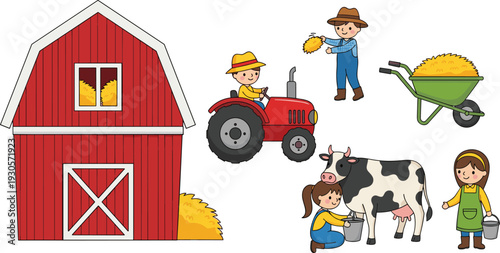 Farm life scene with barn, tractor, farmers, cow milking, and wheelbarrow for agriculture, rural work, and organic dairy production vector illustration.