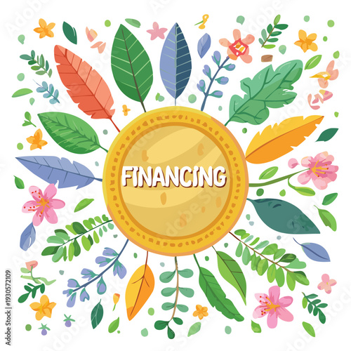 Financing concept with gold coin and floral elements