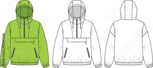 Technical fashion flat sketch vector set of women's pleated midi skirts drawstring trousers and hooded anorak jacket for apparel design and clothing manufacturing