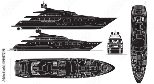 Speed Boat Blueprint – Luxury Motorboat Engineering CAD Technical Drawing