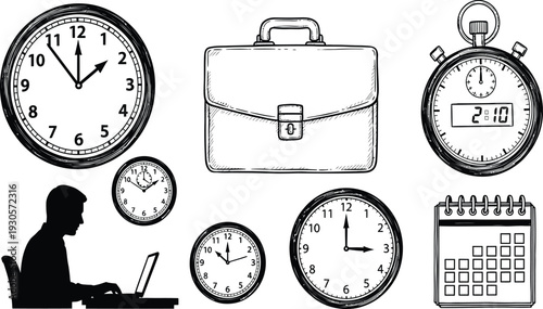 Professional Time Management and Office Productivity Elements Featuring Business Briefcase Clocks Stopwatch Calendar and Silhouette of a Person Working on a Laptop